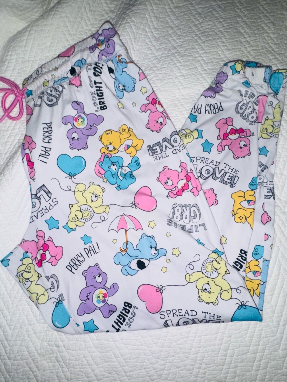 👑 Size Kid’s Large Care Bears White Pajama Bottoms with Multicolor Bears